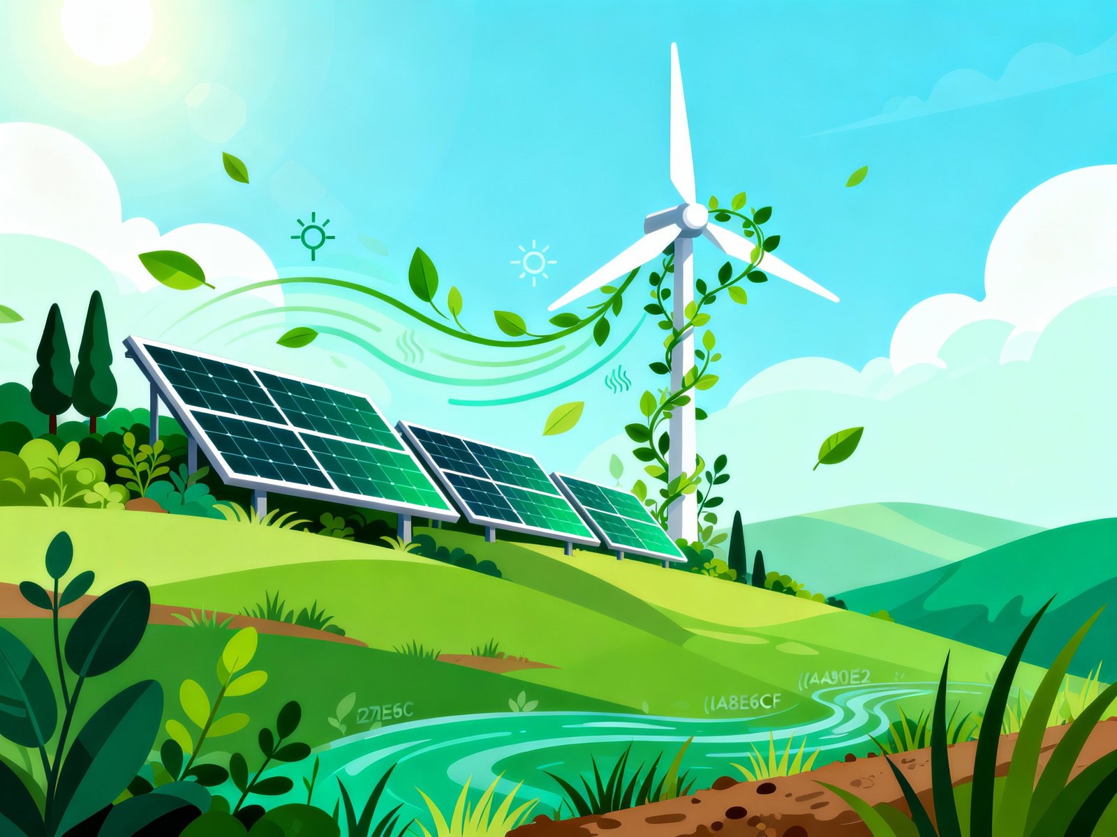 Green plants and trees growing from digital circuit patterns and tech nodes